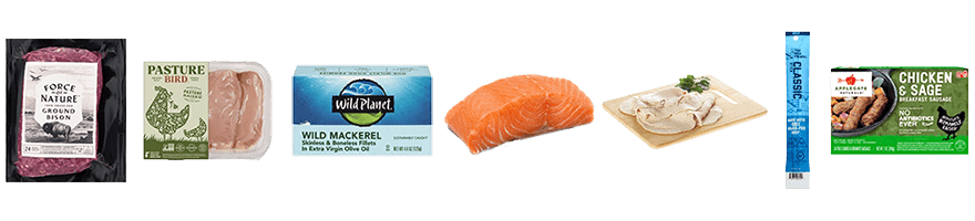Meat and seafood protein foods including Force of Nature grass fed ground bison, Pasturebird chicken breasts, Wild Planet mackerel, Verlasso salmon, Heinen's oven roasted turkey breast, The New Primal beef stick, and Applegate chicken & sage sausage.