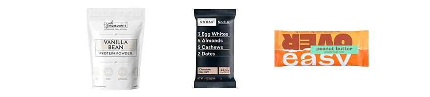 Protein bars and powders including Just Ingredients whey protein powder, chocolate sea salt RxBar, and Over Easy peanut butter bar.