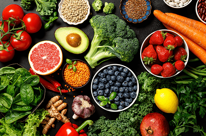 A Top-Down Image of an Assortment of Fresh and Colorful Fruits and Vegetables