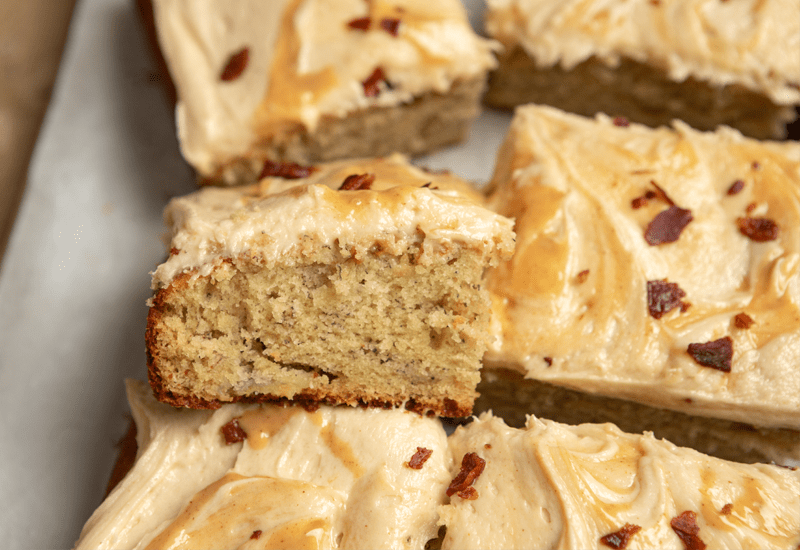 Banana Cake with Peanut Butter Frosting and Bacon
