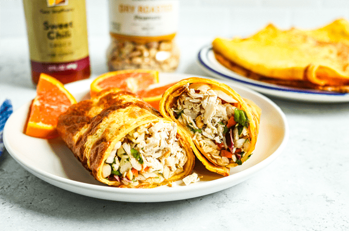 Sliced Asian crunch cottage cheese egg wrap