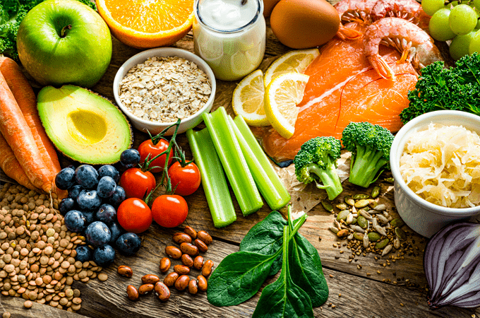 Fruits, vegetables, legumes, and seafood