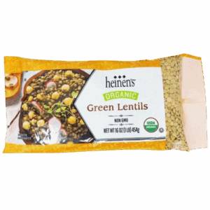 A Bag of Heinen's Organic Dry Green Lentils