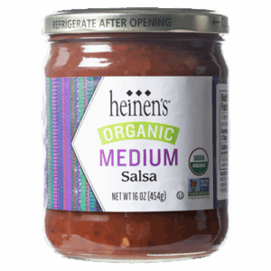 Glass jar of organic medium heat salsa.