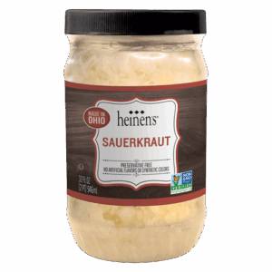 Jar of sauerkraut. Label says that it is made in Ohio and preservative free with no artificial flavors or synthetic colors.