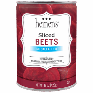 Can of sliced beets. Label says there is no salt added and preservative free with no artificial flavors or synthetic colors.
