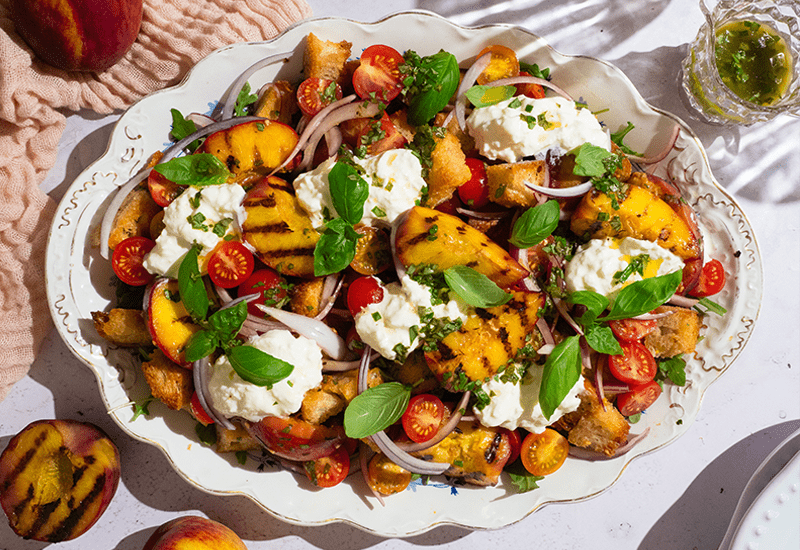 Cherry Tomato, Grilled Peach, and Stracciatella Salad
