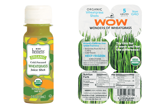 Heinen's wheatgrass juice shot and WOW wheatgrass shots