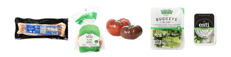Heinen’s Thick Cut Bacon, Heinen’s Plain Pita Bread, Heirloom Tomatoes, Buckeye Fresh Buckeye Blend, Esti Tzatziki