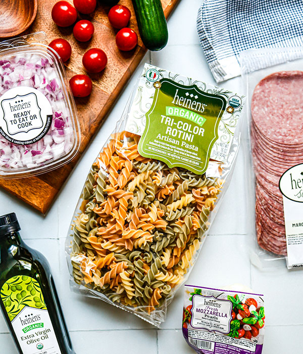 Heinen's Organic Tri-Color Rotini, Salami, and Ready to eat or Cook Onions, and Extra Virgin Olive Oil