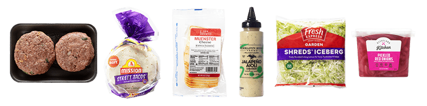 Heinen’s Beef Jalapeno Blitz Burger, Mission Street Taco Flour Tortillas, Heinen’s Muenster Cheese, Terrapin Ridge Jalapeno Aioli, Fresh Express Shredded Iceberg Lettuce, Cleveland Kitchen Pickled Onions