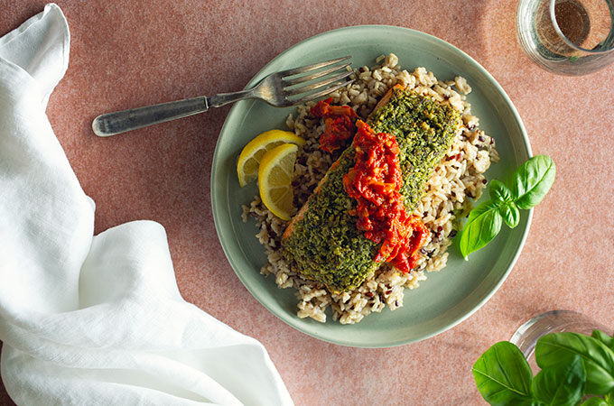 Pesto Crusted Verlasse Salmon on a plate