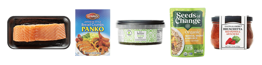 Verlasso Salmon, Dynasty Panko Breadcrumbs, Heinen’s Pesto Sauce, Seeds of Change Quinoa Brown & Red Rice with Flax, Cucina Amore Piquillo Artichoke Bruschetta