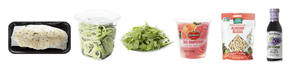 Citrus Crusted Cod Portions, Spiral Zucchini, Heinen’s Baby Arugula, Delmonte Ruby Red Grapefruit, Fresh Gourmet Roasted Sliced Almonds, Bella Sun Luci Balsamic Vinaigrette