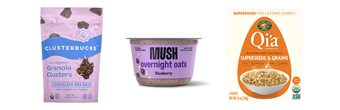 Bag of Clusterbucks, cup of Mush Overnight Oats, package of Qi'a superseeds and grains