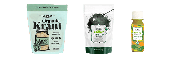 Flanagan Farms Organic Sauerkrat, Heinen's Spirulina Powder, Heinen's Wheatgrass Shot