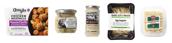 Amy Lu Roasted Garlic Chicken Meatballs, Heinen’s Quartered Marinated Artichokes, Dante Truffle Crema Sauce, Ohio City Pasta Egg Linguini, Heinen’s Grated Parmesan Reggiano