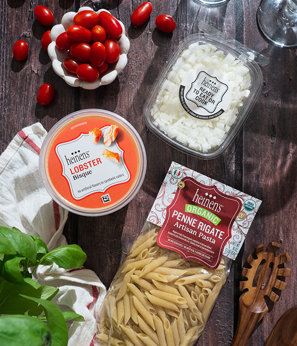 Heinen's classic lobster bisque, Heinen's ready to eat or cook diced onion, and Heinen's organic penne rigate pasta
