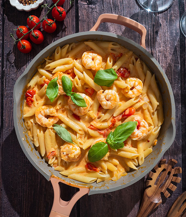Pan of creamy lobster bisque pasta