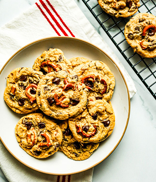 Plate of peanut butter pretzel chocolate chip cookies
