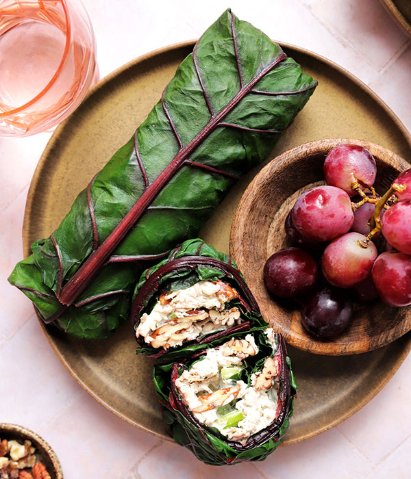 Red Chard Wraps with Chicken Salad and Grapes