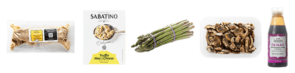 Heinen’s Balsamic & Rosemary Marinated Pork Tenderloin, Sabatino Truffled Mac & Cheese, Asparagus,
Roasted Mushrooms, Heinen’s Fig Glaze
