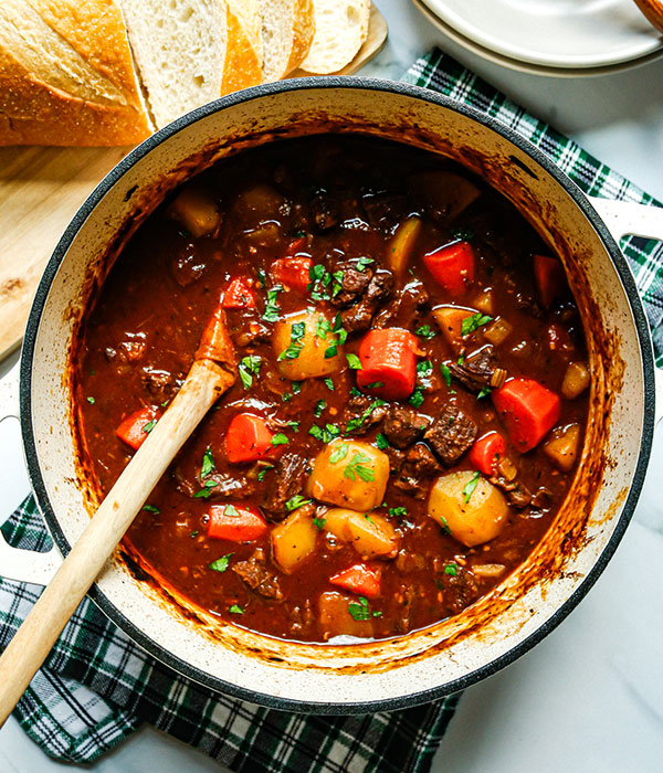 Pot of Classic Beef Stew with beef, potatoes, and carrots